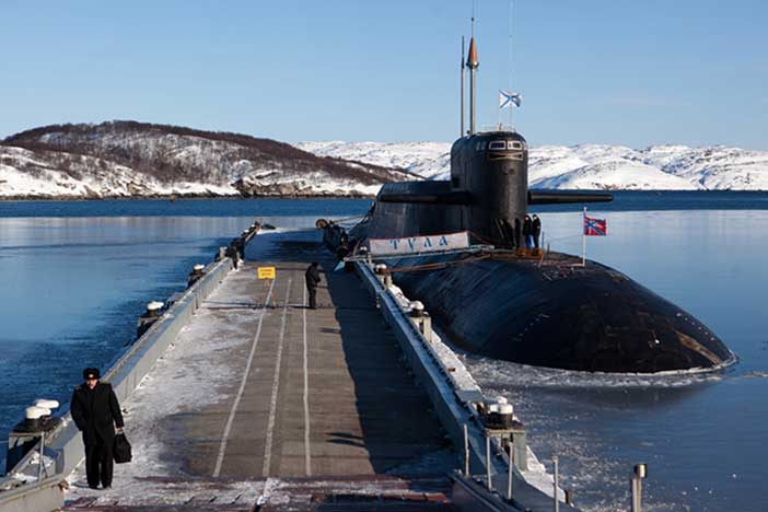 A decommissioned nuclear submarine moored in the Murmansk region